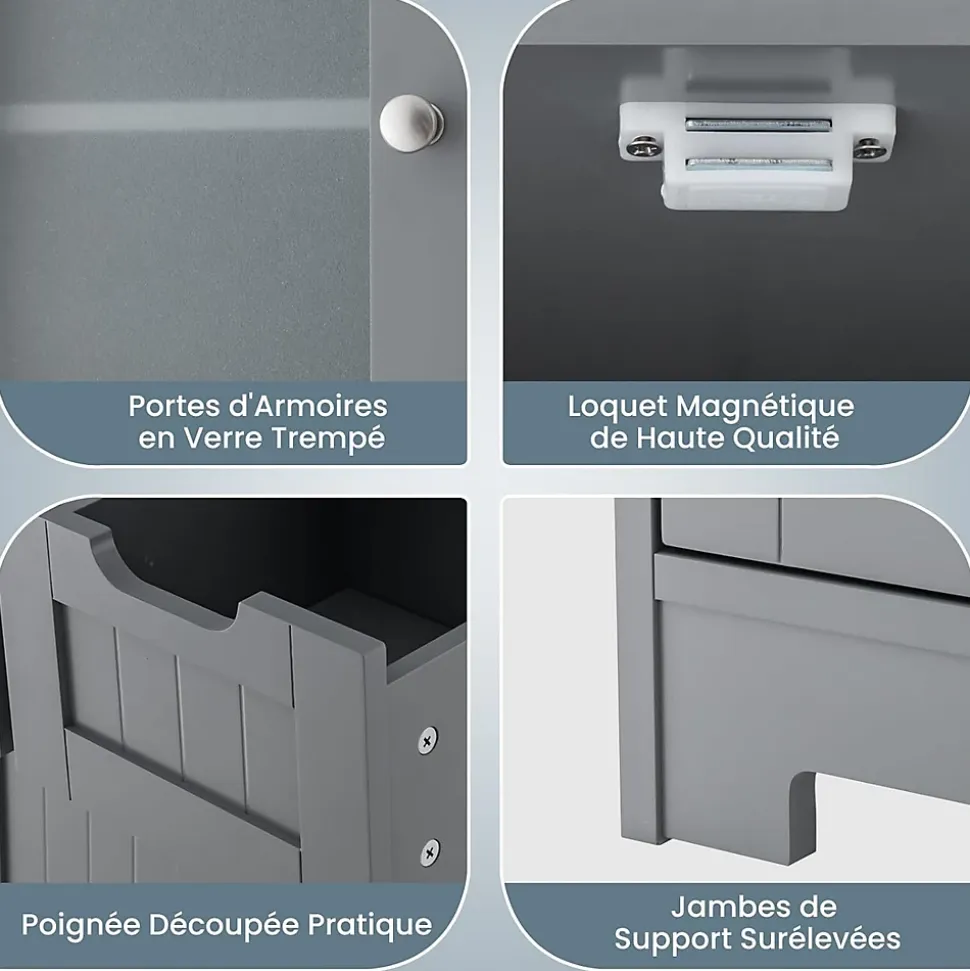 Meuble sur Pied de Salle de Bain 2 Tiroirs 1 Cabinet Clôture avec Etageere Ajustable Compartiment a Porte en Verre Trempe
