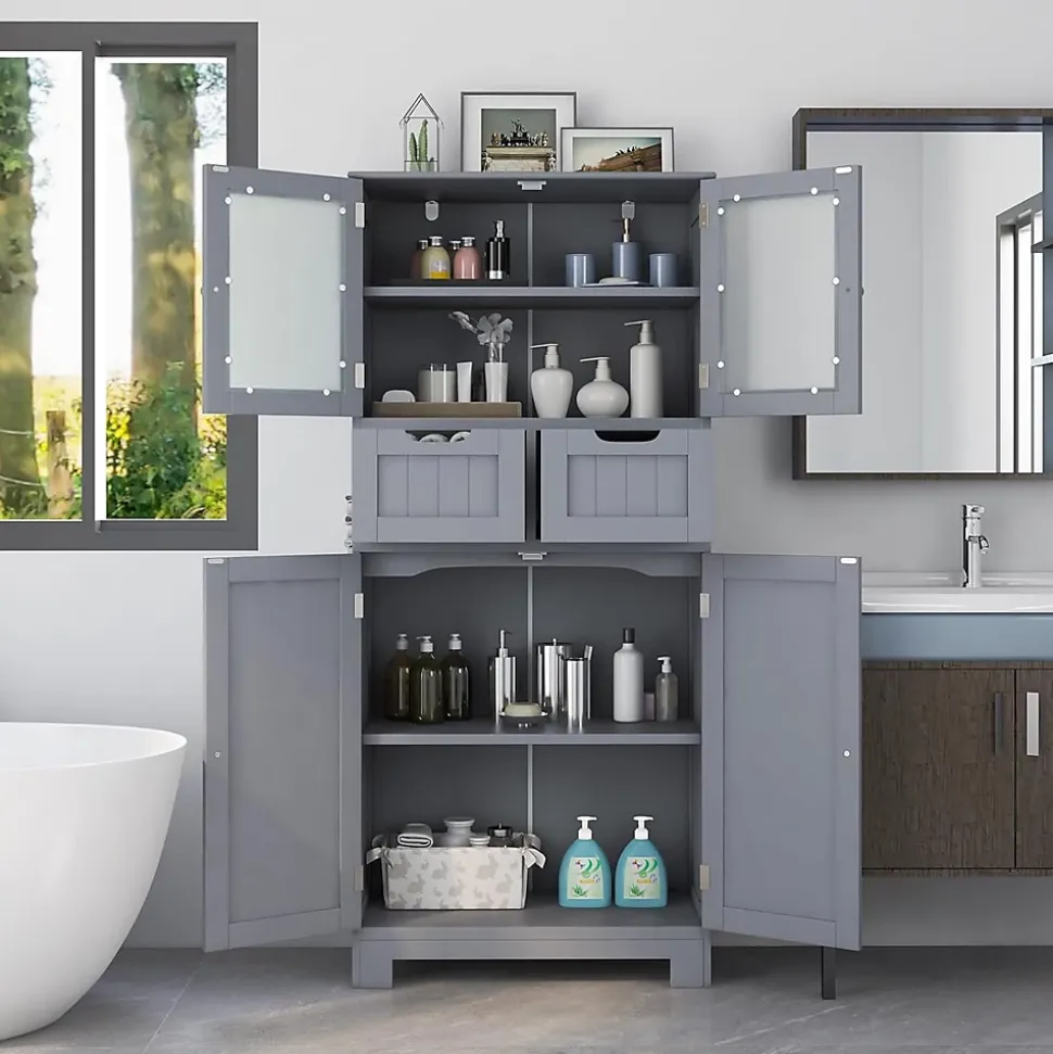 Meuble sur Pied de Salle de Bain 2 Tiroirs 1 Cabinet Clôture avec Etageere Ajustable Compartiment a Porte en Verre Trempe