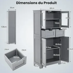 Meuble sur Pied de Salle de Bain 2 Tiroirs 1 Cabinet Clôture avec Etageere Ajustable Compartiment a Porte en Verre Trempe