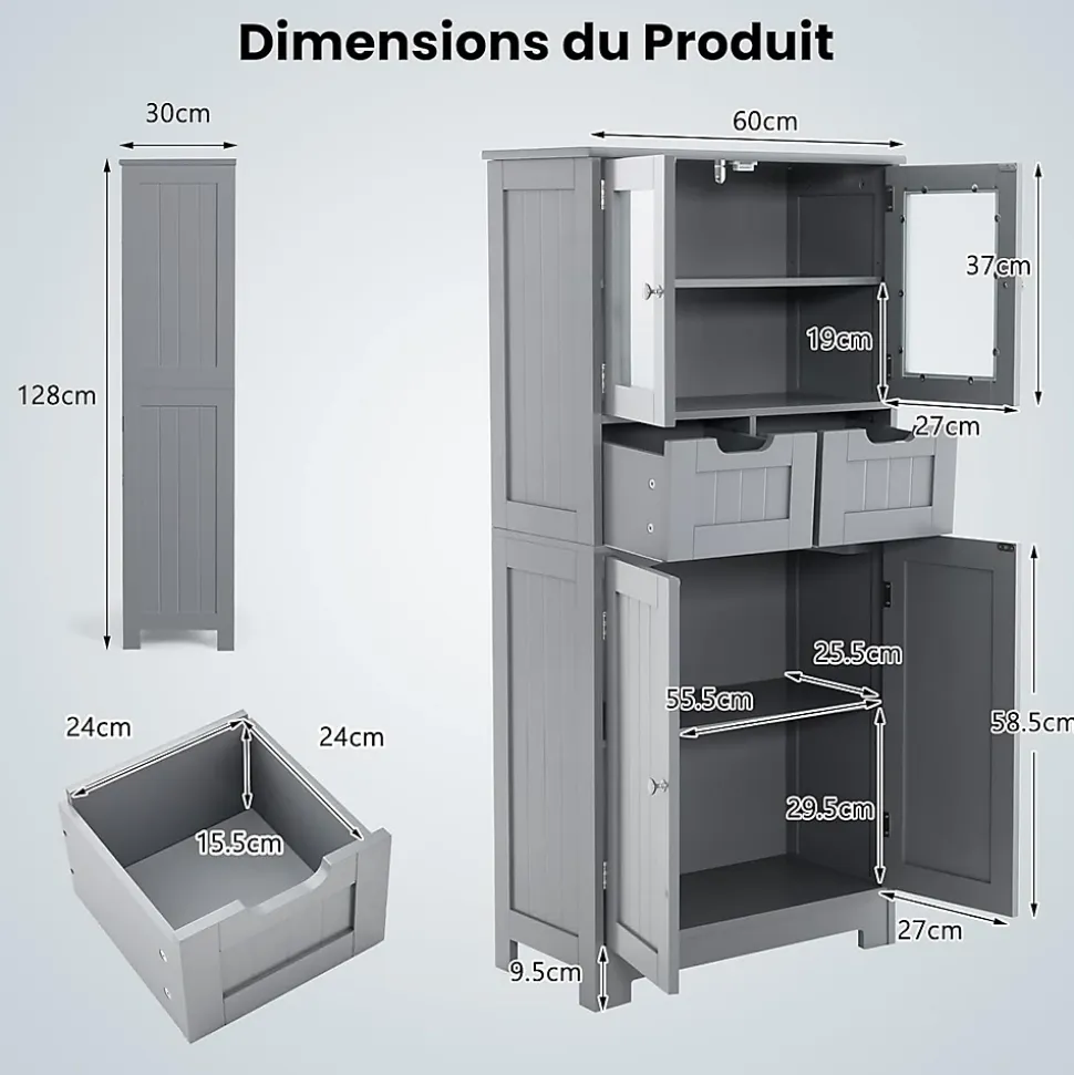 Meuble sur Pied de Salle de Bain 2 Tiroirs 1 Cabinet Clôture avec Etageere Ajustable Compartiment a Porte en Verre Trempe