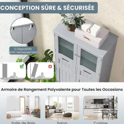 Meuble sur Pied de Salle de Bain 2 Tiroirs 1 Cabinet Clôture avec Etageere Ajustable Compartiment a Porte en Verre Trempe