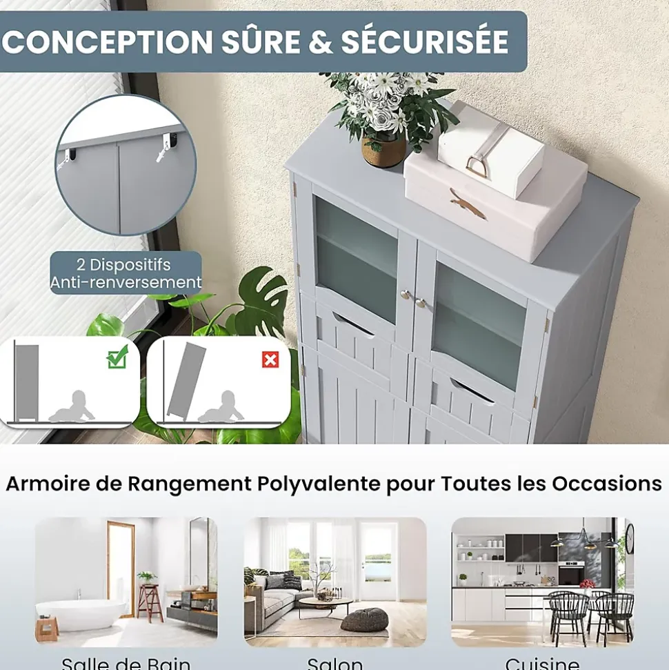 Meuble sur Pied de Salle de Bain 2 Tiroirs 1 Cabinet Clôture avec Etageere Ajustable Compartiment a Porte en Verre Trempe