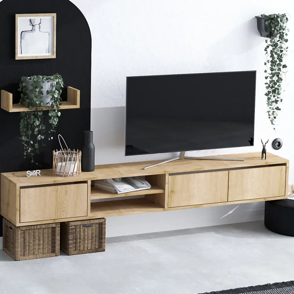 Meuble suspendu TV 3 portes 2 niches décor chêne saphir L180 cm - HEKA