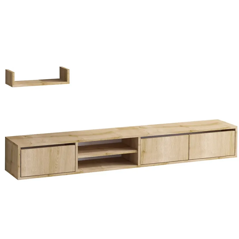 Meuble suspendu TV 3 portes 2 niches décor chêne saphir L180 cm - HEKA
