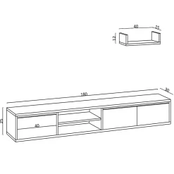 Meuble suspendu TV 3 portes 2 niches décor chêne saphir L180 cm - HEKA