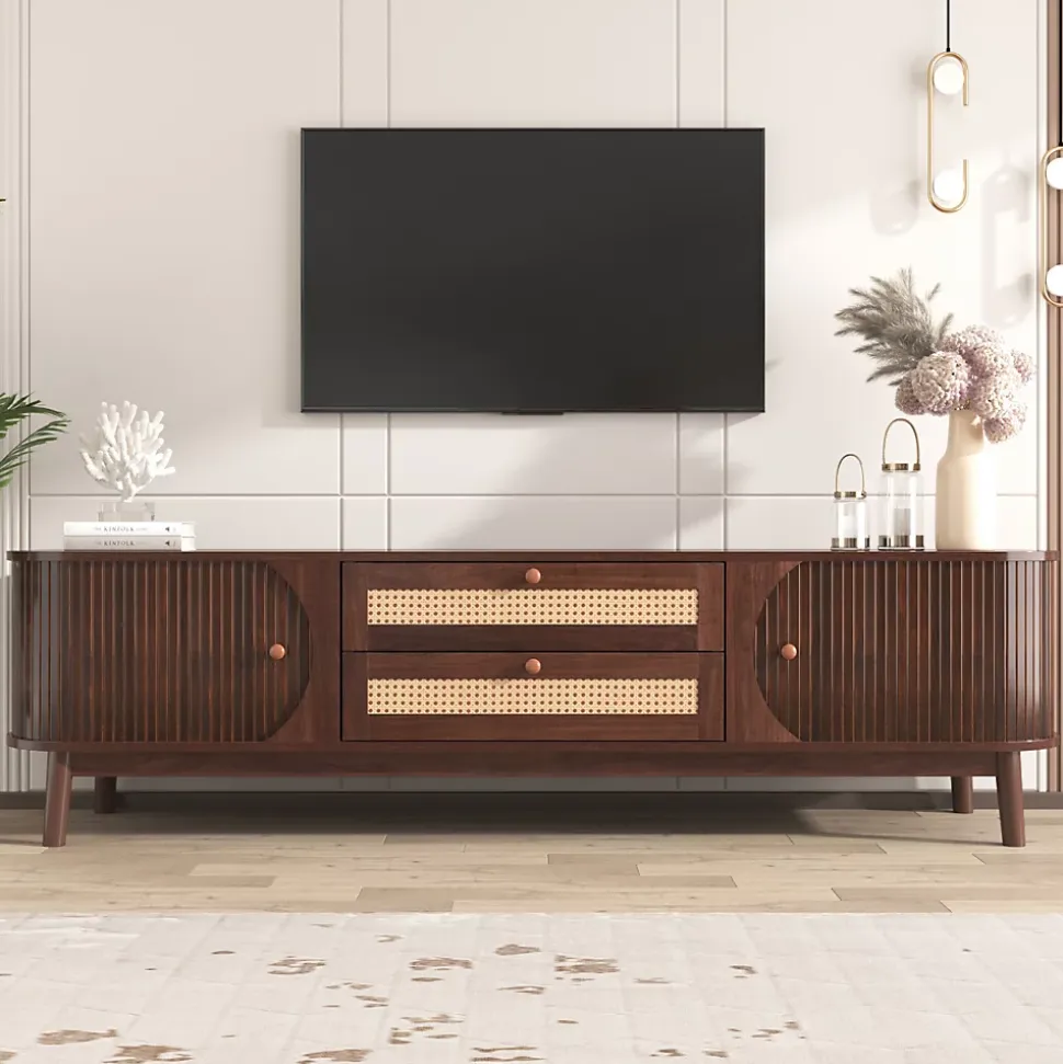 Meuble TV - Bois Naturel Avec Portes Et Tiroirs, Bordures En Rotin, Style Campagne Naturel.