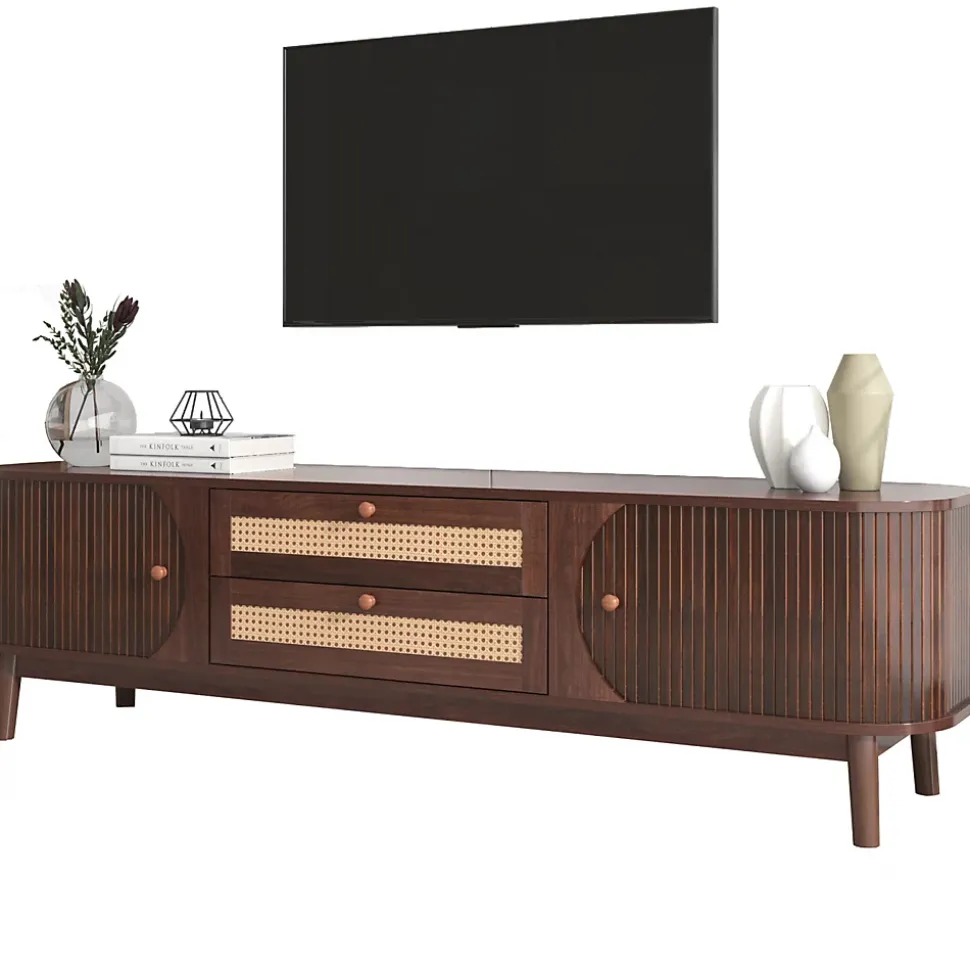 Meuble TV - Bois Naturel Avec Portes Et Tiroirs, Bordures En Rotin, Style Campagne Naturel.