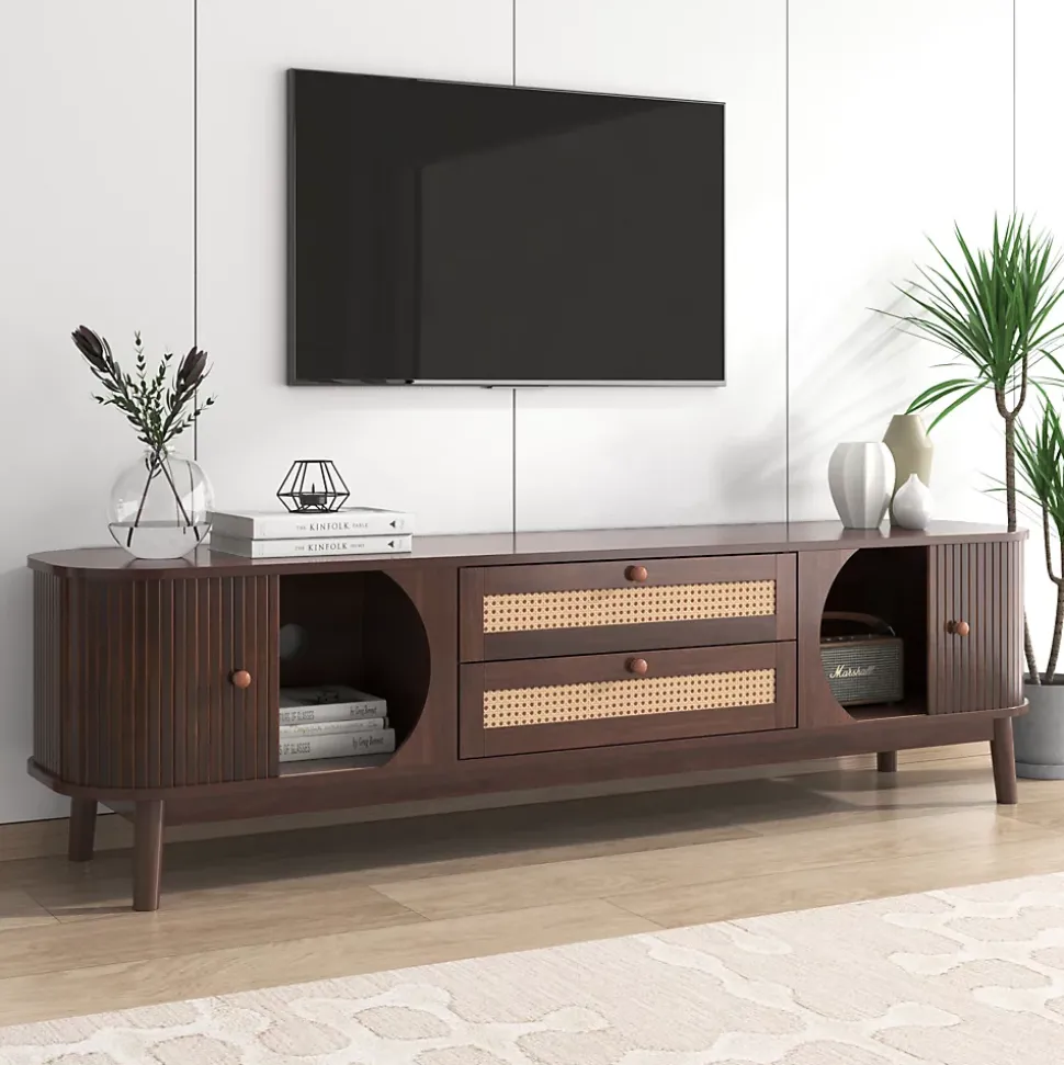 Meuble TV - Bois Naturel Avec Portes Et Tiroirs, Bordures En Rotin, Style Campagne Naturel.