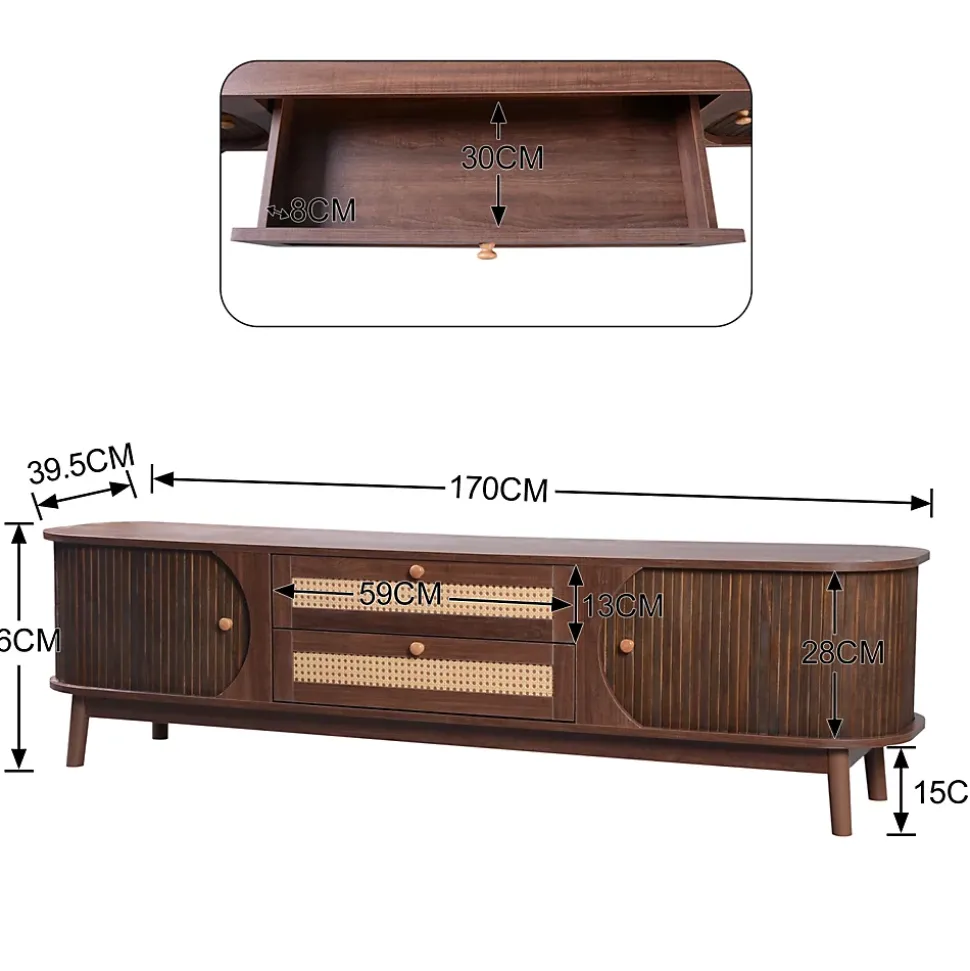 Meuble TV - Bois Naturel Avec Portes Et Tiroirs, Bordures En Rotin, Style Campagne Naturel.