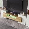 Meuble TV - Éclairage LED et Plateau en Verre, Finition Brillante Moderne pour Salon - 200x35x60 cm - Blanc Brillant et Naturel