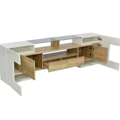 Meuble TV - Éclairage LED et Plateau en Verre, Finition Brillante Moderne pour Salon - 200x35x60 cm - Blanc Brillant et Naturel