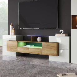Meuble TV - Éclairage LED et Plateau en Verre, Finition Brillante Moderne pour Salon - 200x35x60 cm - Blanc Brillant et Naturel