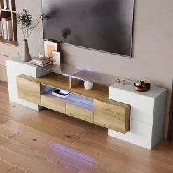 Meuble TV - Éclairage LED et Plateau en Verre, Finition Brillante Moderne pour Salon - 200x35x60 cm - Blanc Brillant et Naturel