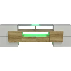 Meuble TV - Éclairage LED et Plateau en Verre, Finition Brillante Moderne pour Salon - 200x35x60 cm - Blanc Brillant et Naturel