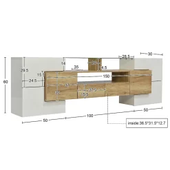 Meuble TV - Éclairage LED et Plateau en Verre, Finition Brillante Moderne pour Salon - 200x35x60 cm - Blanc Brillant et Naturel