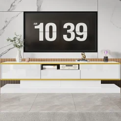 Meuble TV - Éclairage LED Multicolore, 3 Tiroirs et Étagère Ouverte, Finition Haute Brillance pour Salon - 180x38x45 cm - Blanc