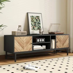 Meuble TV 150 cm - avec Compartiments Ouverts et Fermés, Rangement Vertical et Horizontal, design Moderne, Noir et Bois