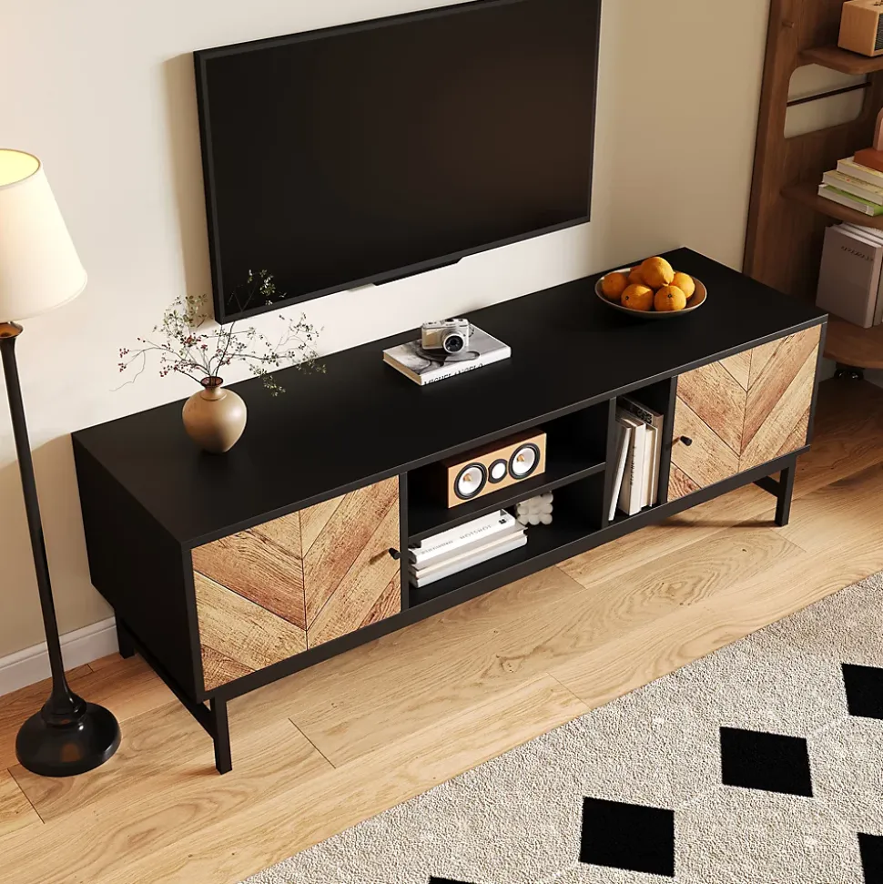 Meuble TV 150 cm - avec Compartiments Ouverts et Fermés, Rangement Vertical et Horizontal, design Moderne, Noir et Bois