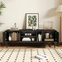 Meuble TV 150 cm - avec Compartiments Ouverts et Fermés, Rangement Vertical et Horizontal, design Moderne, Noir et Bois