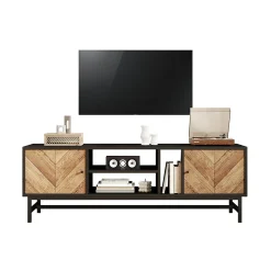 Meuble TV 150 cm - avec Compartiments Ouverts et Fermés, Rangement Vertical et Horizontal, design Moderne, Noir et Bois