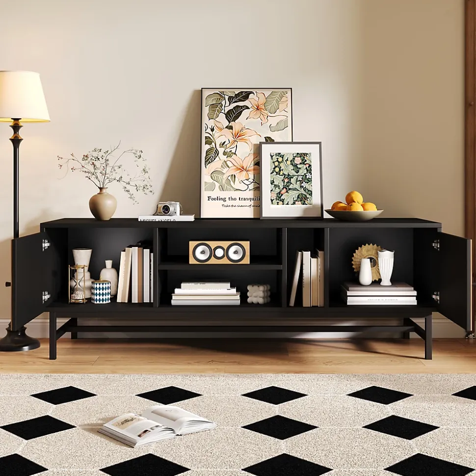 Meuble TV 150 cm - avec Compartiments Ouverts et Fermés, Rangement Vertical et Horizontal, design Moderne, Noir et Bois