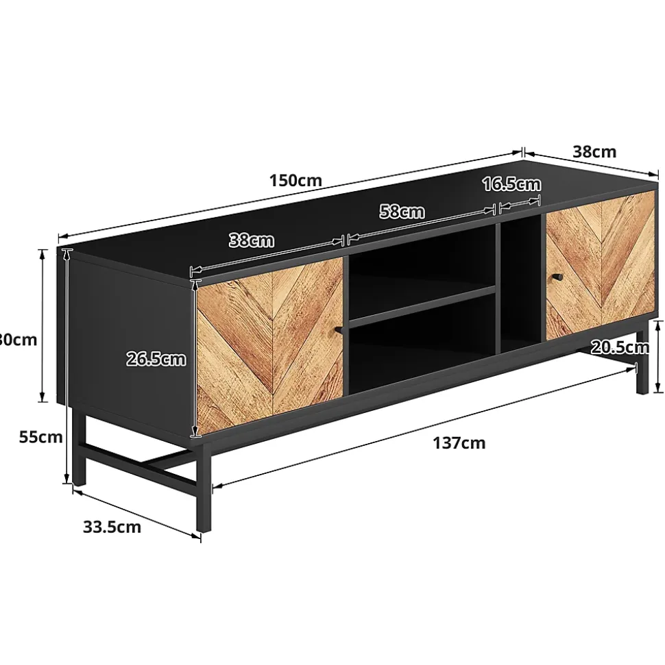 Meuble TV 150 cm - avec Compartiments Ouverts et Fermés, Rangement Vertical et Horizontal, design Moderne, Noir et Bois