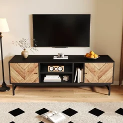 Meuble TV 150 cm - avec Compartiments Ouverts et Fermés, Rangement Vertical et Horizontal, design Moderne, Noir et Bois