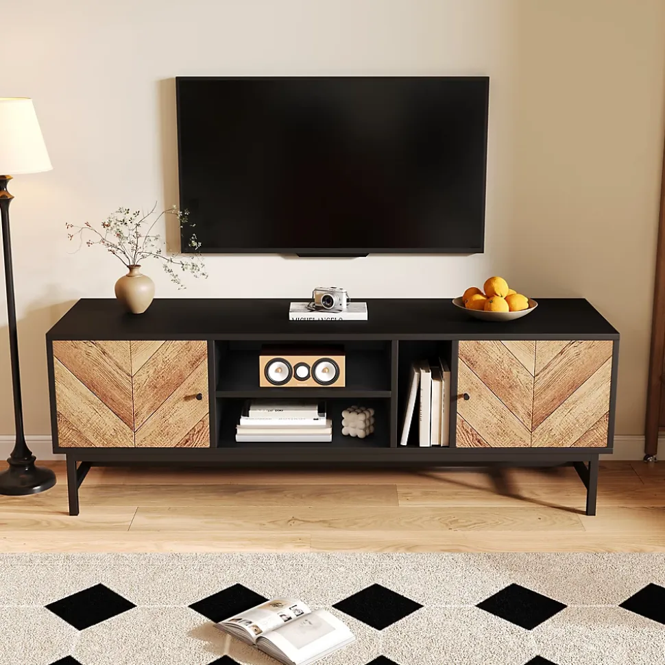 Meuble TV 150 cm - avec Compartiments Ouverts et Fermés, Rangement Vertical et Horizontal, design Moderne, Noir et Bois