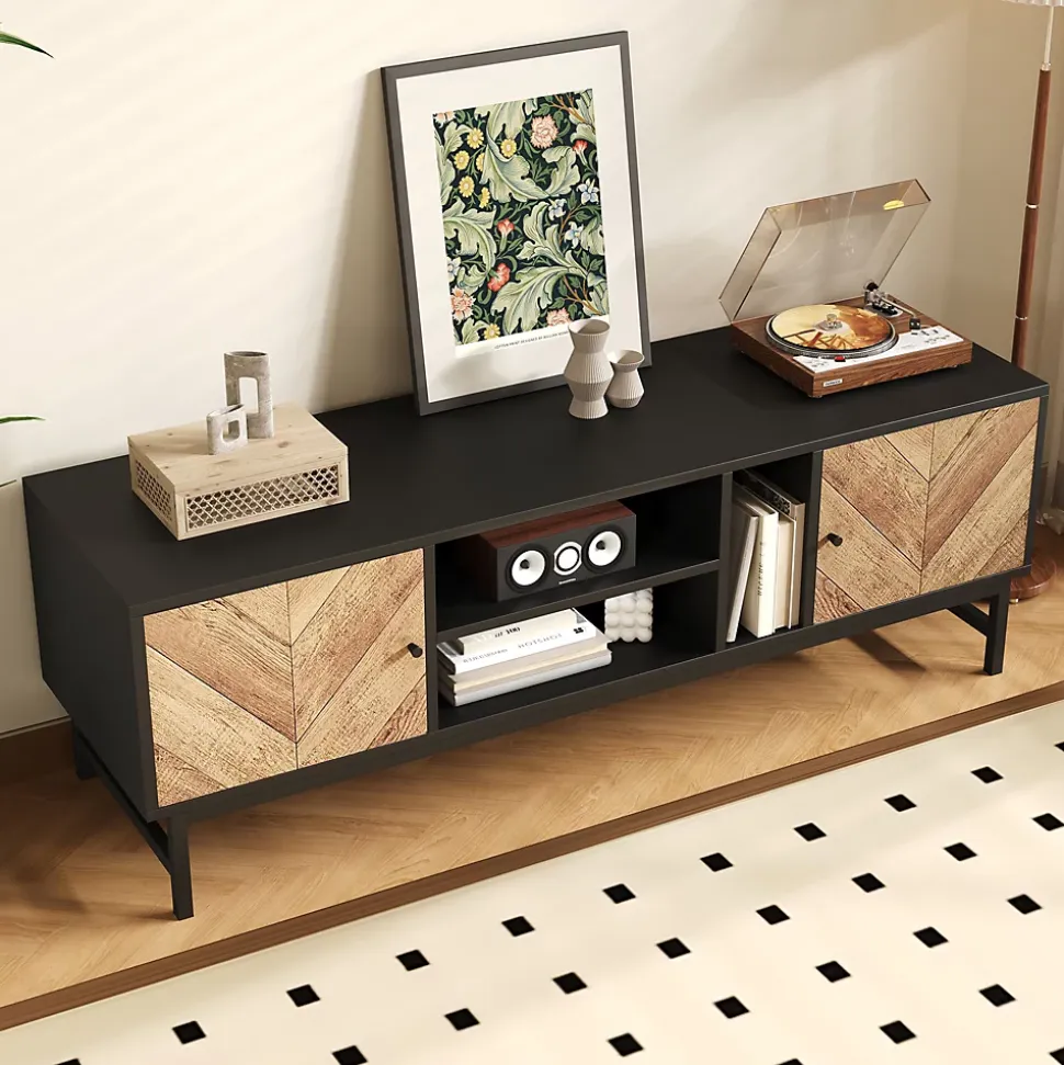 Meuble TV 150 cm - avec Compartiments Ouverts et Fermés, Rangement Vertical et Horizontal, design Moderne, Noir et Bois