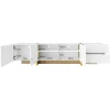 Meuble TV 190 cm, 3 portes, 2 tiroirs, blanc avec veinage or et bois