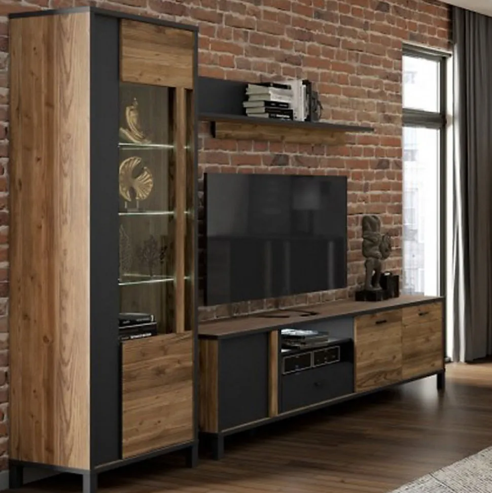 Meuble TV 200 cm 3 portes décor bois et noir pieds noir - CELIA