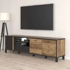 Meuble TV 200 cm 3 portes décor bois et noir pieds noir - CELIA