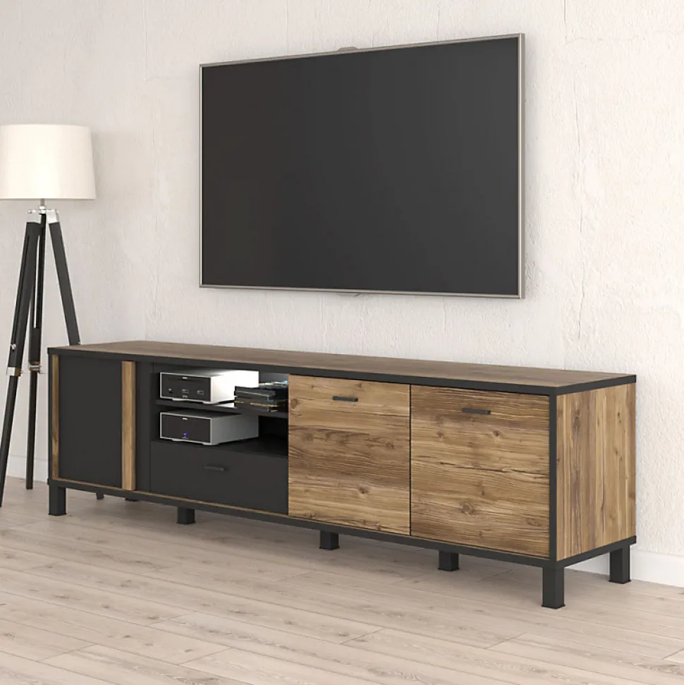 Meuble TV 200 cm 3 portes décor bois et noir pieds noir - CELIA