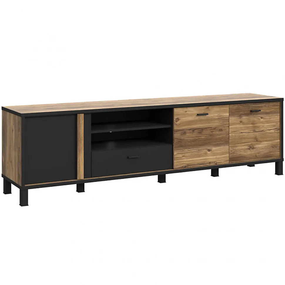 Meuble TV 200 cm 3 portes décor bois et noir pieds noir - CELIA
