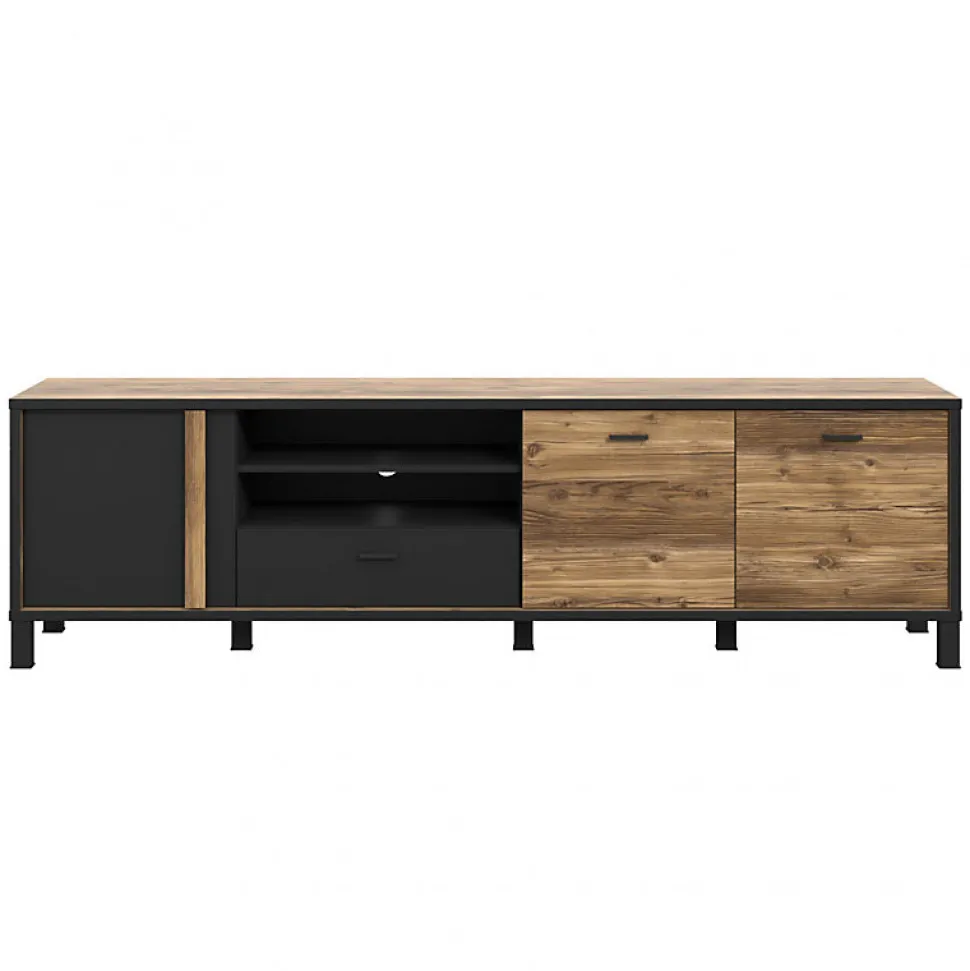 Meuble TV 200 cm 3 portes décor bois et noir pieds noir - CELIA