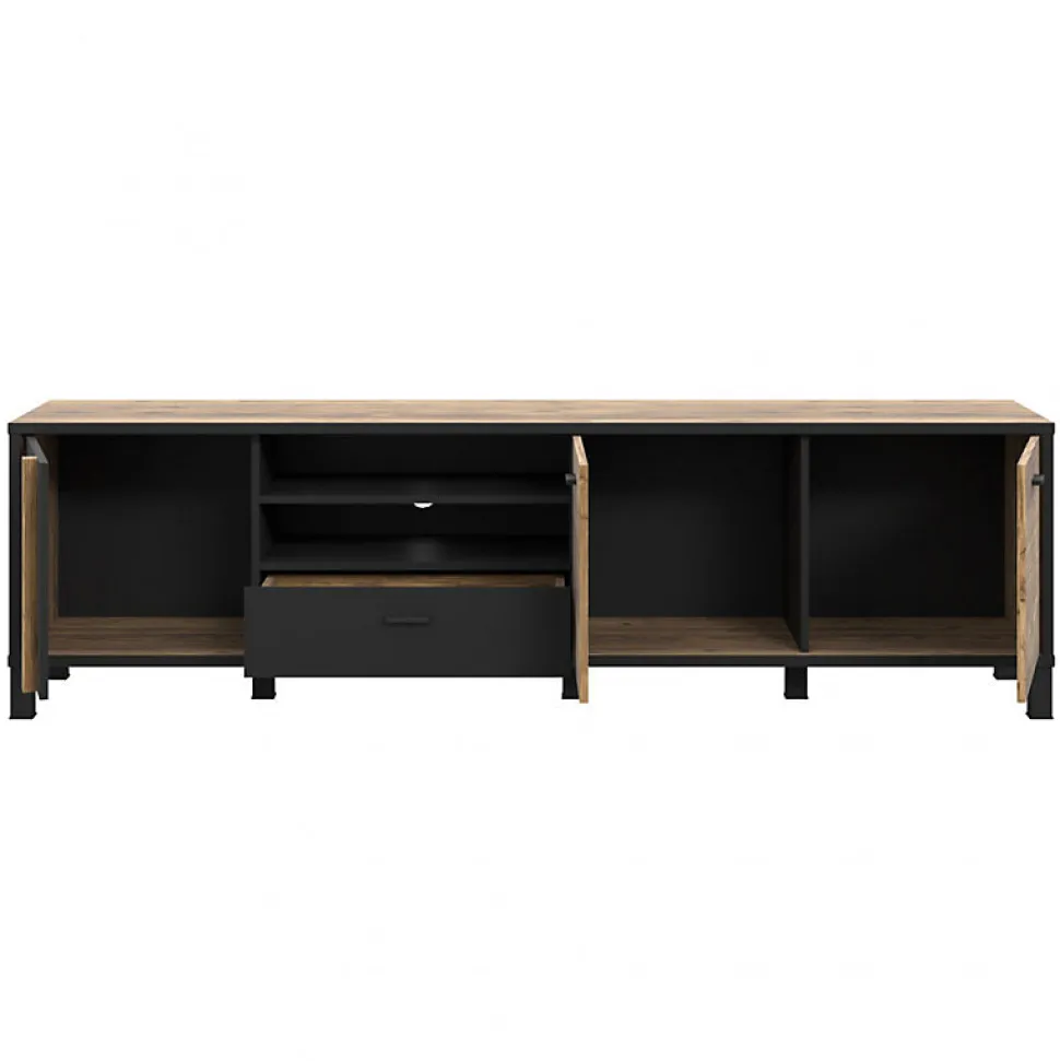 Meuble TV 200 cm 3 portes décor bois et noir pieds noir - CELIA