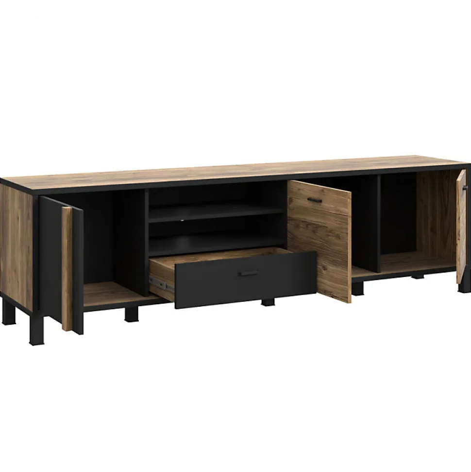 Meuble TV 200 cm 3 portes décor bois et noir pieds noir - CELIA