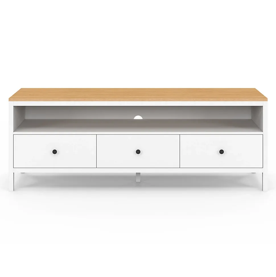 Meuble TV 140 cm ACHILLE 3 tiroirs blanc et plateau bois