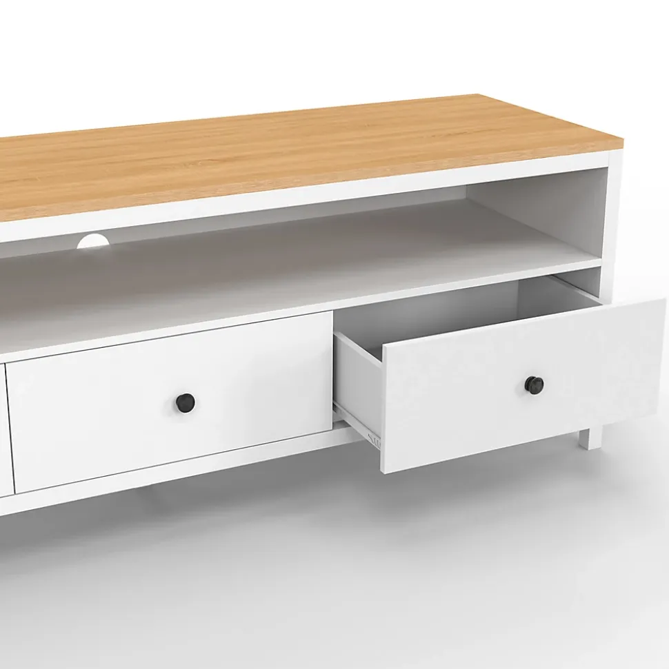 Meuble TV 140 cm ACHILLE 3 tiroirs blanc et plateau bois