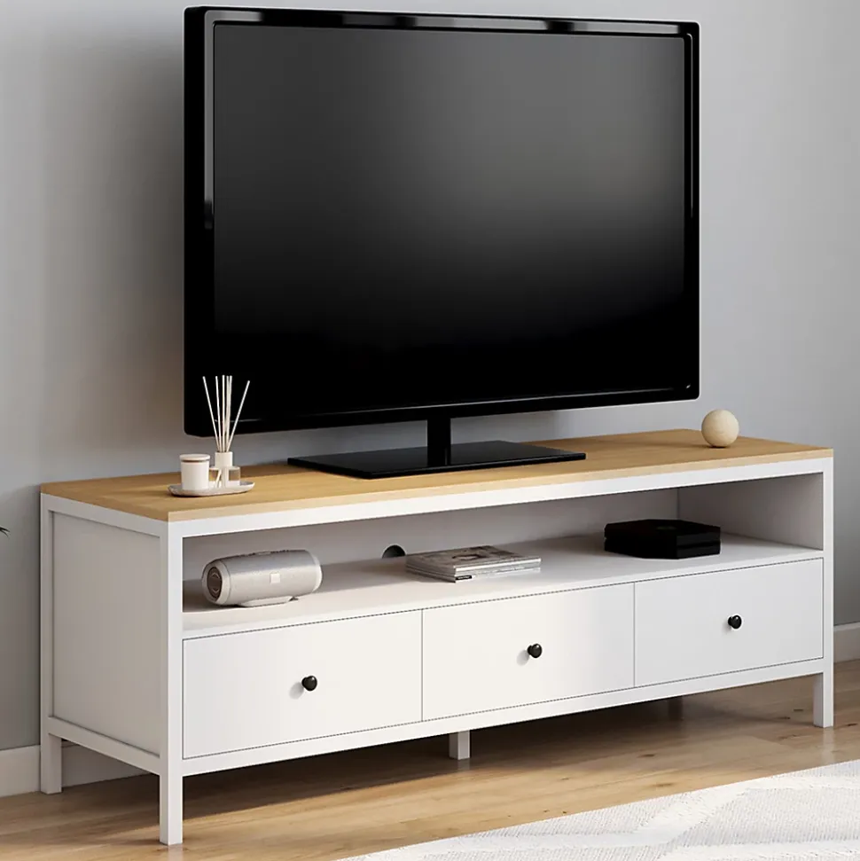 Meuble TV 140 cm ACHILLE 3 tiroirs blanc et plateau bois