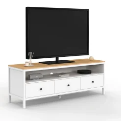 Meuble TV 140 cm ACHILLE 3 tiroirs blanc et plateau bois