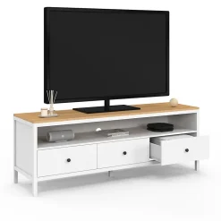 Meuble TV 140 cm ACHILLE 3 tiroirs blanc et plateau bois
