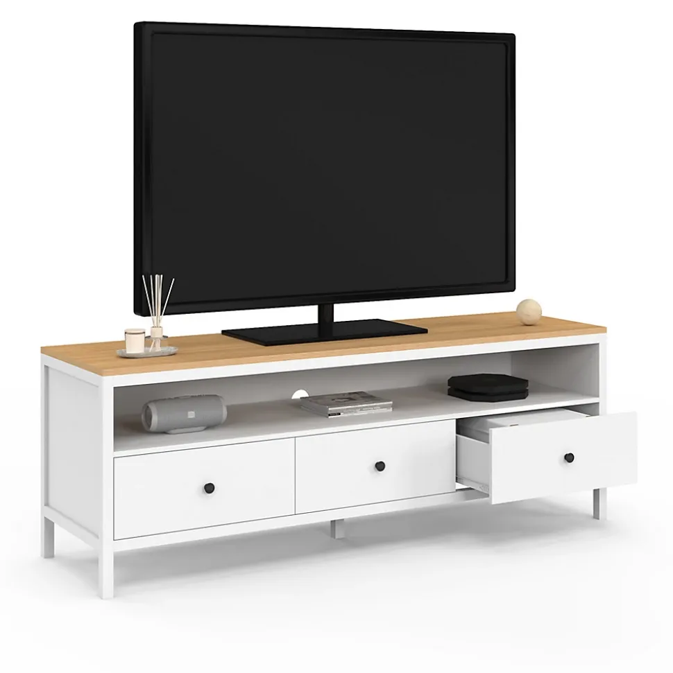Meuble TV 140 cm ACHILLE 3 tiroirs blanc et plateau bois