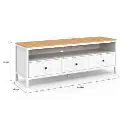 Meuble TV 140 cm ACHILLE 3 tiroirs blanc et plateau bois