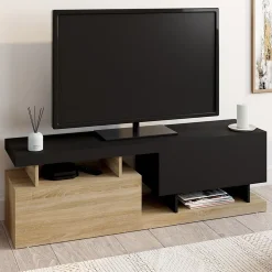 Meuble TV 140 cm ANGULO 2 portes effet bois et noir