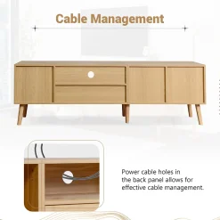Meuble TV 180 cm avec 2 Portes et 1 Tiroir en Rotin, Gestion des Câbles, Pieds en Bois Massif - Style Rustique - Naturel