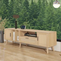 Meuble TV 180 cm avec 2 Portes et 1 Tiroir en Rotin, Gestion des Câbles, Pieds en Bois Massif - Style Rustique - Naturel