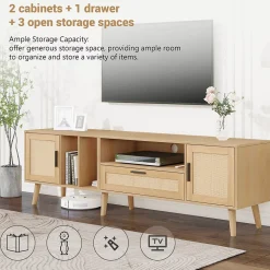 Meuble TV 180 cm avec 2 Portes et 1 Tiroir en Rotin, Gestion des Câbles, Pieds en Bois Massif - Style Rustique - Naturel