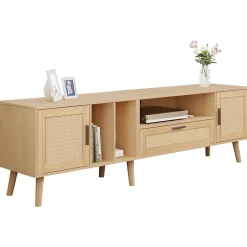 Meuble TV 180 cm avec 2 Portes et 1 Tiroir en Rotin, Gestion des Câbles, Pieds en Bois Massif - Style Rustique - Naturel