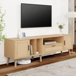 Meuble TV 180 cm avec 2 Portes et 1 Tiroir en Rotin, Gestion des Câbles, Pieds en Bois Massif - Style Rustique - Naturel